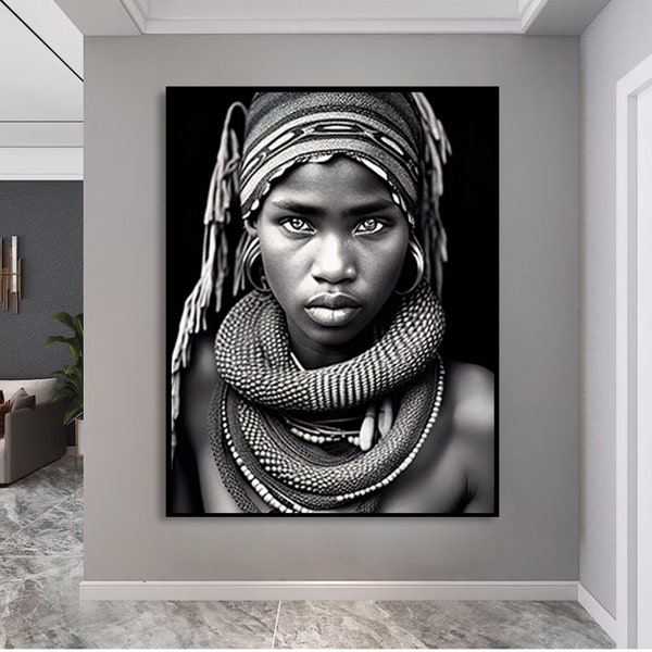 Tribal, décoration ethnique, impression d'oeuvres d'art, art féminin, art femme africaine, affiche noir et blanc, art mural numérique, art mural imprimable,