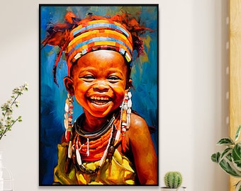 May include: A young girl with dark skin smiles brightly. She is wearing a colourful head wrap, beaded earrings, and a necklace with multiple strands of beads. The background is a blue and green abstract painting.