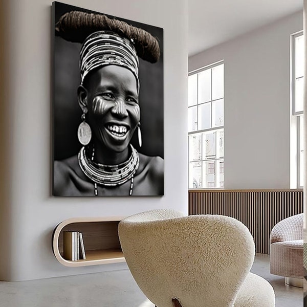 African woman art , Black and white poster , Extra large wall art ,Digital wall art , Printable wall art ,  digital art ,  Africa art