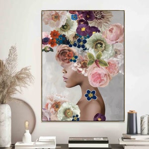 Printable flower hair woman , Black woman art   , African art , printable art , wall art printable , digital wall art , extra large  art