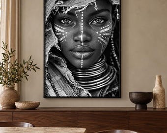 Black Woman Wall Art, African Portrait Print, Tribal Black and White Photography, Afrocentric Decor