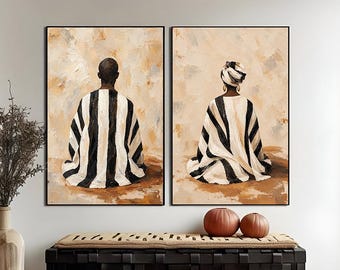 African Couple Wall Art, Black White Figurative Print, Boho Neutral Decor, Digital Download Printable