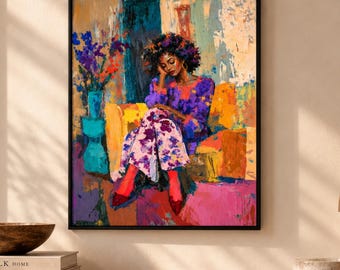 African Woman Wall Art, Colorful Black Woman Painting, Modern Afrocentric Decor, Abstract Portrait Print