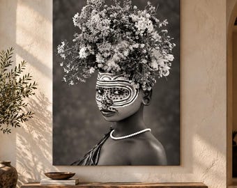 Black Woman Wall Art, African Portrait, Floral Afrocentric Decor, Black and White Digital Print