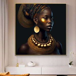 May include: A portrait of a woman with dark skin wearing a gold head wrap, large gold earrings, and a gold necklace with large beads. The background is dark.