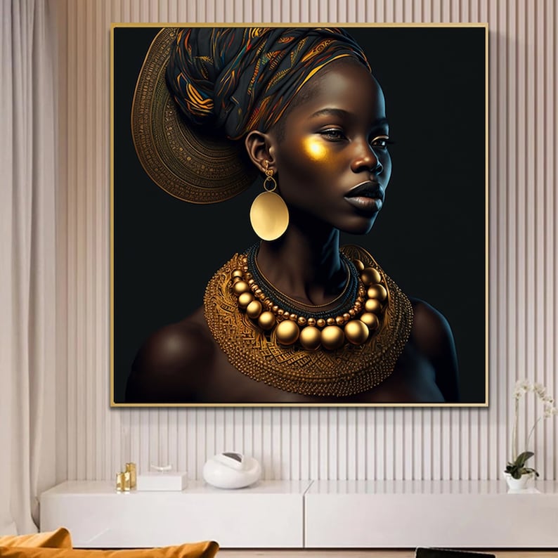 May include: A portrait of a woman with dark skin wearing a gold head wrap, large gold earrings, and a gold necklace with large beads. The background is dark.