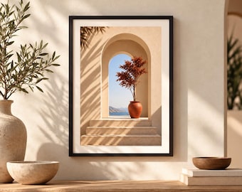 Mediterranean Wall Art, Terracotta Tree Print, Minimalist Archway Landscape, Neutral Boho Decor