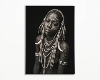 African Woman Portrait Print, Black and White Tribal Jewelry, Modern Home Decor (Digital Download)