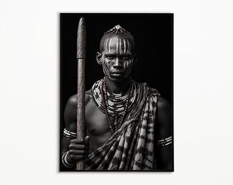 African Warrior Portrait Black and White Tribal Wall Art Print Ethnic Decor Digital Download