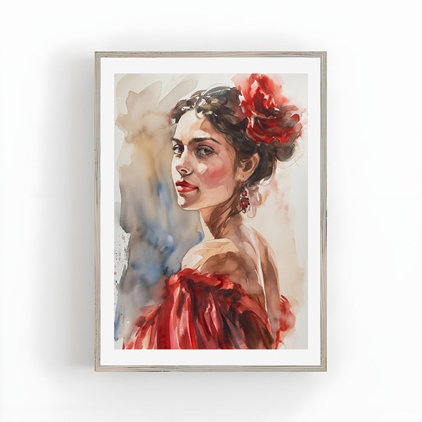 Watercolor Art Dancing Woman , Spanish Dance , Flower Woman Print , Woman Artwork , Painting Print , Flamenco Clipart , Digital prints