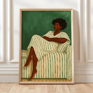 Obra de arte abstracta pintada a mano de una mujer serena a rayas, póster de ilustración con retrato sobre fondo verde, decoración moderna para el hogar, descarga digital.