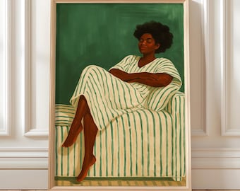 Impressão de retrato de mulher serena: arte abstrata verde (download digital)