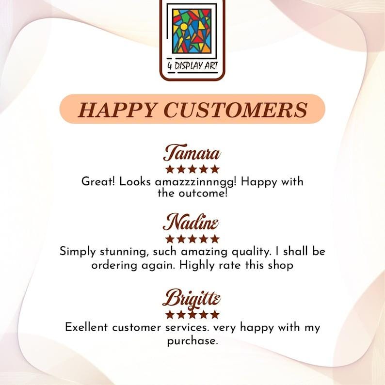 May include: A customer review graphic featuring the logo 4 DISPLAY ART with a stained glass style icon. The text reads HAPPY CUSTOMERS followed by three five-star reviews from Tamara, Nadine, and Brigitte, each including their specific feedback.
