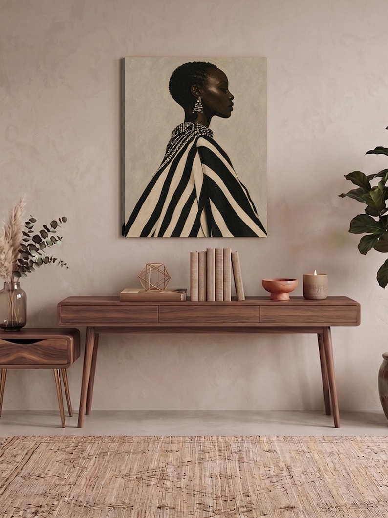 African Woman Wall Art Black and White Stripes Minimalist Canvas Print ...