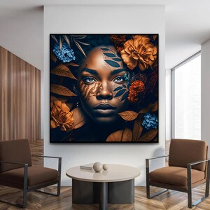 May include: A digital painting of a woman with dark skin and blue eyes. Her face is surrounded by brown and blue flowers and leaves. The background is dark blue.
