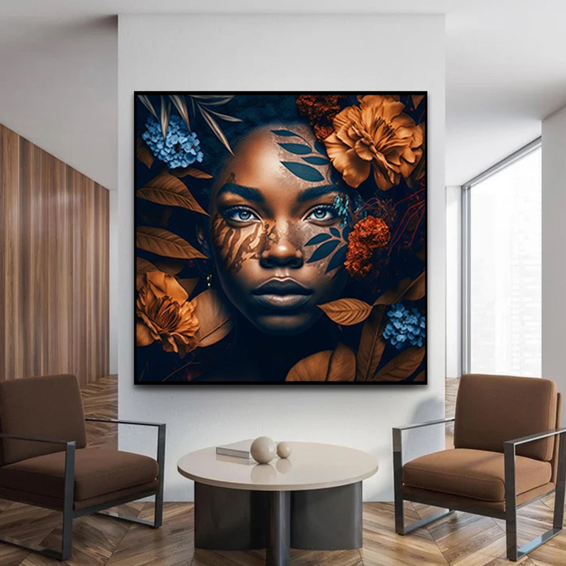 May include: A digital painting of a woman with dark skin and blue eyes. Her face is surrounded by brown and blue flowers and leaves. The background is dark blue.