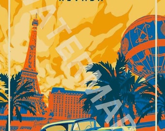 May include: A vintage travel poster for Las Vegas, Nevada, featuring a blue classic car, a replica of the Eiffel Tower, a hot air balloon, and palm trees against a yellow and orange sunset sky.