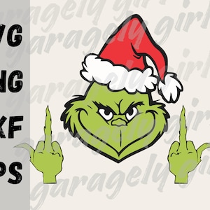 May include: A green Grinch character wearing a red Santa hat with white trim and giving the middle finger with both hands.
