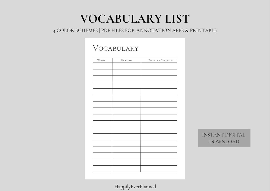 Vocabulary List, Printable,language Learning Note, Vocabulary Worksheet ...