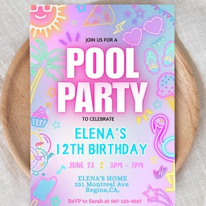 May include: A colorful pool party invitation with neon graphics of a sun, palm tree, sunglasses, and ice cream. The invitation reads "Join us for a Pool Party" to celebrate Elena's 12th birthday on June 23rd.