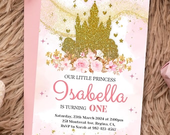 Invitación de cumpleaños de princesa: Fiesta en el castillo rosa, plantilla editable de Canva (descarga digital)