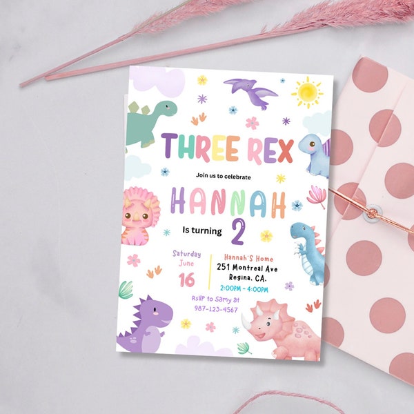 Dinosaur Birthday Party Invitation Two Rex Invitation Three Rex Invite PrintableTemplate Instant Download Canva Cute Baby Dinosaur