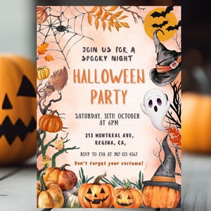 May include: Halloween party invitation with orange and black accents. The invitation features pumpkins, a witch's hat, a ghost, and the text "Join us for a Spooky Night Halloween Party". The date and time are also included.