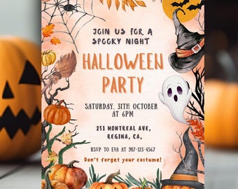 Kids Halloween Party Invitation, Spooky Night, Editable Canva Template (Digital Download)