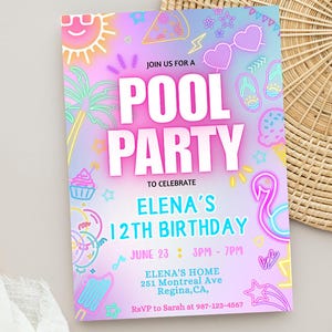 May include: A colorful pool party invitation with neon illustrations of a sun, palm tree, sunglasses, flip-flops, cupcake, ice cream, and a flamingo. The invitation reads "POOL PARTY" and "ELENA'S 12TH BIRTHDAY".