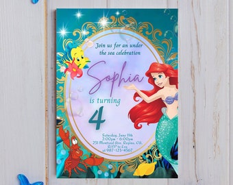May include: A teal invitation for a fourth birthday party with the theme of The Little Mermaid. The invitation features Ariel, Flounder, and Sebastian. The text reads "Sophia is turning 4" and includes party details.