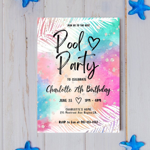 Pool-Party-Einladung, Schwimmparty-Einladung, Kinder-Schwimmparty, bearbeitbare Canva-Vorlage, sofortiger Download für Kinder-Pool-Geburtstagsfeier