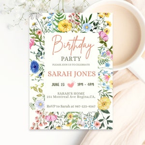 Flower Birthday Invitation Wildflower Birthday invite Floral Woman's Birthday Mother's day Invite CANVA EDITABLE Instant download