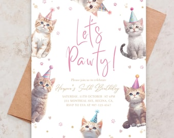 Cat Birthday Invitation Let's Pawty Kitty Cat Girl Kitten Birthday Invitation Canva Printable Template Instant Download