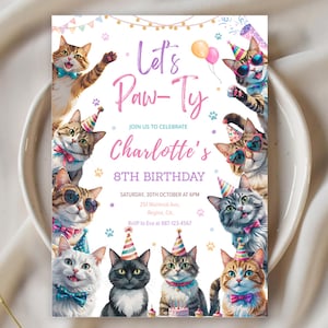 Cat Birthday Invitation Kitten Birthday Party Cat Invitation Template Canva Printable Template Instant Download Canva