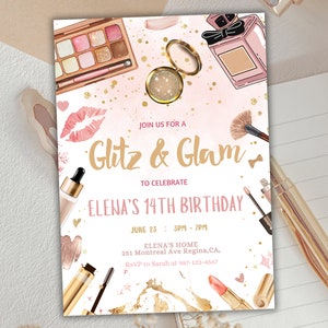 Glitz and Glam Spa Birthday Invitation, Pink and Gold (Canva Editable, Digital Download)