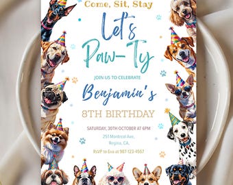 Op de afbeelding: Een uitnodiging voor een feestje met de tekst "Come, Sit, Stay, Let's Paw-Ty" en illustraties van honden met feesthoedjes. De uitnodiging is voor Benjamin's 8e verjaardag.