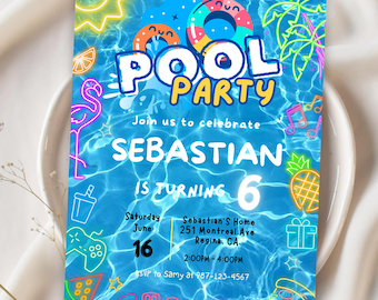 Editable Pool Party Invitation: Neon Glow, Summer Birthday (CANVA Download 5x7" )