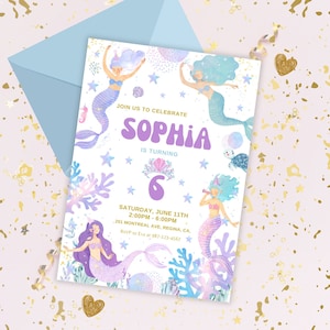 Mermaid Birthday Invitation Template Gold Under the Sea Birthday Invite Canva Editable Printable Download