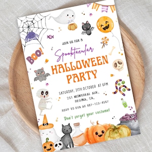 May include: A Halloween party invitation with a white background and colorful illustrations of ghosts, bats, pumpkins, and a spiderweb. The text reads "Spooktacular Halloween Party" with event details.
