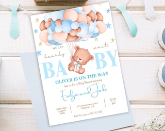 Baby Shower Invitation for Boys, Gold Stars Balloon baby boy shower, Blue Baby Shower Invitation Canva Template, Editable Printable Download