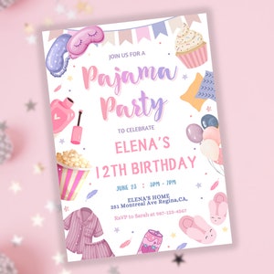 Pajama Party Birthday Invitation Spa Tween Teen Sleepover Slumber Birthday Party Invitation CANVA EDITABLE Instant download