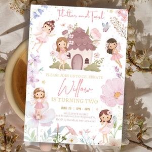 Invitación de cumpleaños de hadas: Diseño floral de duendecillo, editable en Canva (5x7, descarga digital)