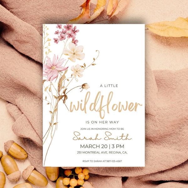 Boho Baby Shower Invitation, Wildflower Boho Beige Baby Shower Canva Invitation Template, Editable Printable Download