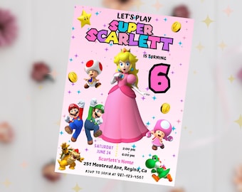 Invitation princesse Peach Invitation d'anniversaire princesse Super Mario Téléchargement instantané Modèle de toile d'invitation de fête pêche