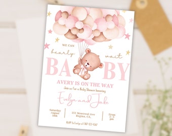 Baby shower uitnodiging sterren Modern/Boho teddybeer meisjes baby shower uitnodiging sjabloon, bewerkbare afdrukbare download