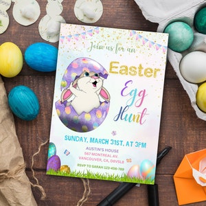May include: A pastel pink, blue, and purple invitation with a white bunny rabbit peeking out of a purple and white speckled egg. The invitation says "Join us for an Easter Egg Hunt" and includes the date, time, and location of the event. RSVP information is also included.