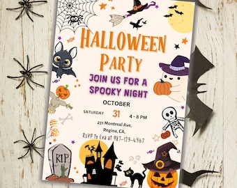 May include: Halloween party invitation with a cartoon ghost, bat, and pumpkin. The invitation includes the text "Halloween Party", "Join us for a Spooky Night", "October 31", "Saturday 4-8 PM", "251 Montreal Ave, Regina, CA", and "RSVP to Eva at 987-123-4567".