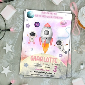 Modèle d'invitation d'anniversaire dans l'espace pour téléchargement immédiat Modèle imprimable sur toile pour fête d'anniversaire d'un enfant