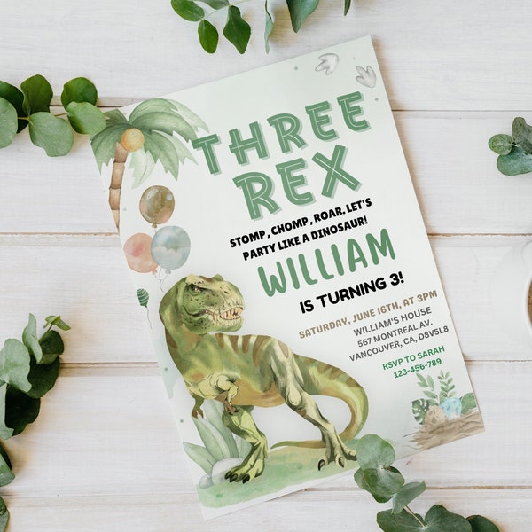 Three Rex dinosaur electronic invitation Printable Template Instant download Two Rex Dino 3rd Birthday Party Invite Dinosaur birthday