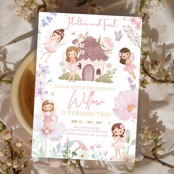 Fairy verjaardagsuitnodiging Pixie magische bloemen uitnodiging verjaardagsfeestje uitnodiging CANVA BEWERKBARE Instant download